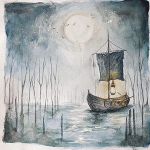 aquarelle originale livre oceanium minimaki barque bateau nuit