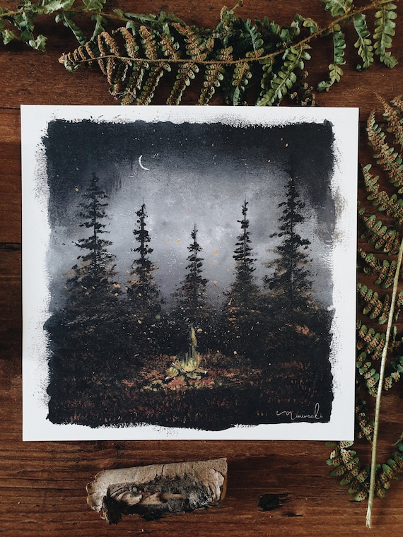 Illustration card 21cm camping night dark fire forest woodland magic fairy minimaki