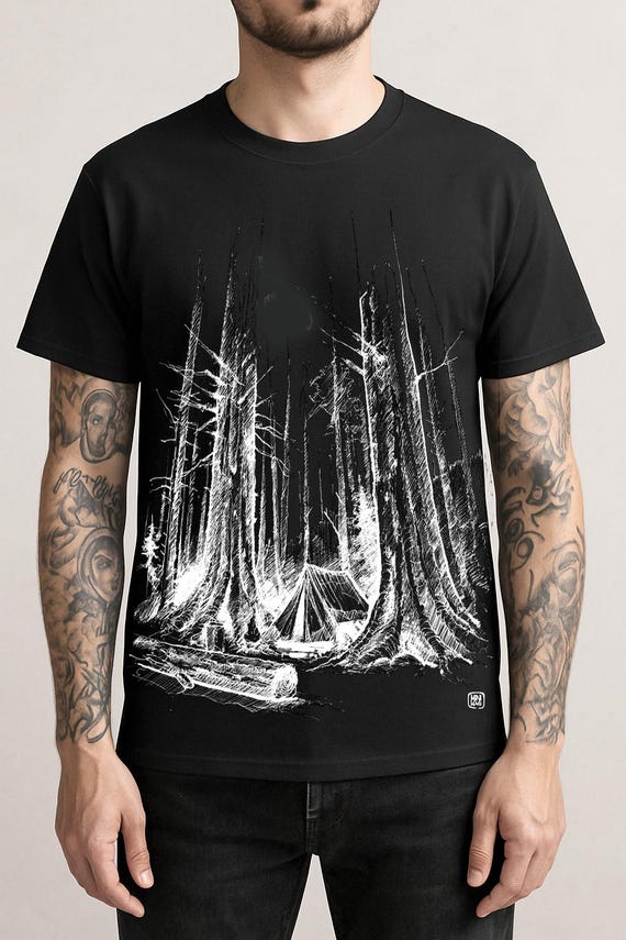t shirt forest lover camper screen print black white minimaki
