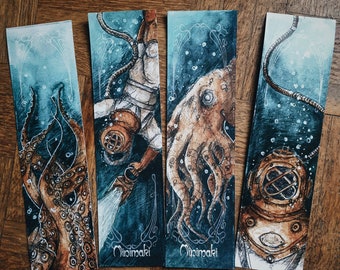 Set of 2 bookmarks double-sided ocean abyss watercolor animals