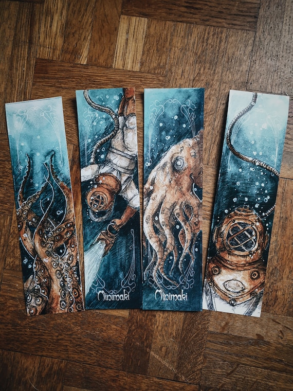 Set of 2 bookmarks double-sided ocean abyss watercolor animals