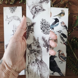 Set of 2 bookmarks double-sided forest woodland birds squirrel animals watercolor image 4