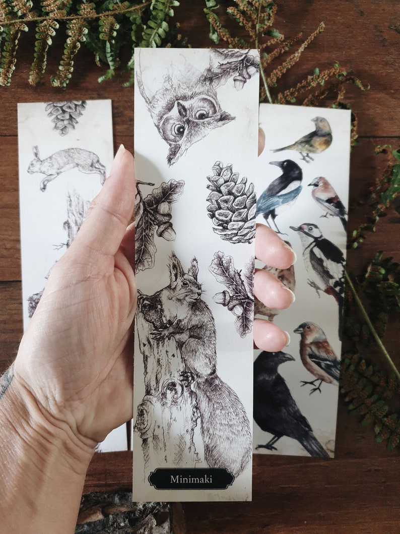 Set of 2 bookmarks double-sided forest woodland birds squirrel animals watercolor image 4