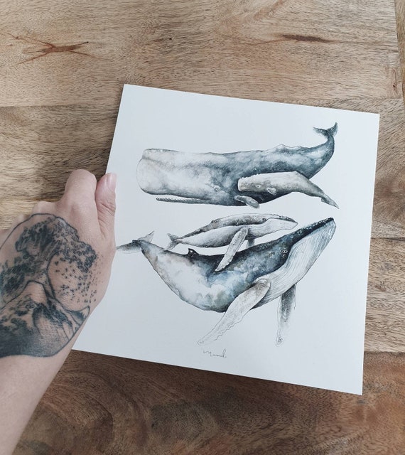 Illustration card 21cm whale ocean watercolor minimaki