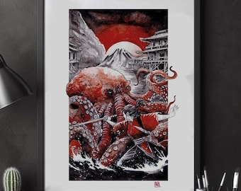 Poster kraken samurai warrior japan yakusa tattoo red black geisha illustration watercolor