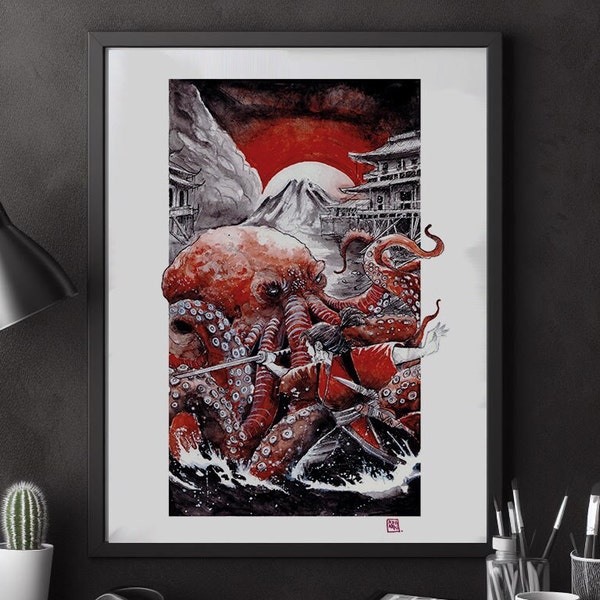 Affiche poster kraken samouraï guerrière japon yakusa tattoo rouge noir geisha illustration aquarelle