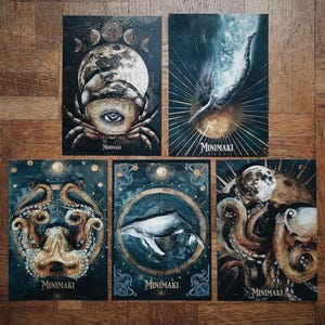 Lot de 5 cartes illustration océan abysses vintage animaux aquarelle