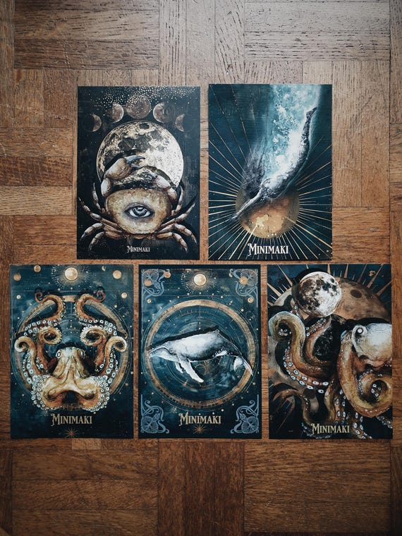 Set of 5 cards illustration ocean abyss vintage animals watercolor