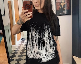 t shirt forest lover camper screen print black white minimaki