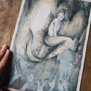 aquarelle originale  ocean minimaki sirene