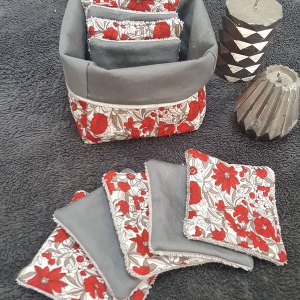 Lingettes démaquillantes lavables, en bambou et tissu Oeko-tex. Maxi carré bébé et panier (options), tissu fleurs rouge et grises