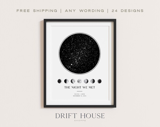 Custom Star Map and Moon Phase, Lunar Art Print, Star Map by Date and ...