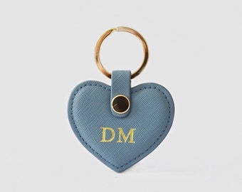 Personalised genuine leather heart keyring-dusty blue - saffiano monogrammed personalised luxury bridesmaid gift wedding girly pink keychain