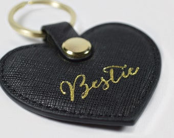 Genuine leather bestie keyring black personalised best friend matching initial keychain gift ideas for her birthday friendship bff ideas