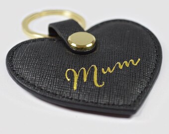 Genuine leather mum keyring black and gold personalised hot foil stamp initial keychain gift ideas for her birthday wedding mothers day mom