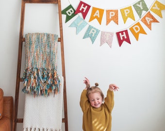 Happy Birthday Flag Banner, Birthday Bunting, Happy Birthday Garland, Cloth Birthday Banner, Rainbow Birthday Banner, Reusable Banner