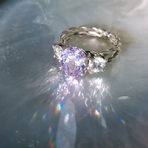 Three stone ring, statement, lavender high quality, cubic zirconia, twisted, double shank,gift for her, Valentine gift