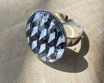 Bague ajustable losanges blancs sur fond noir, cadeau pour elle, fête des mères