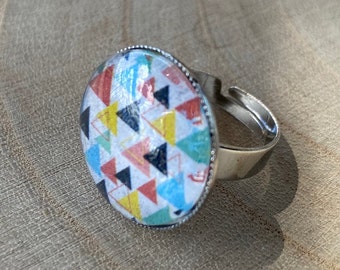 Multicolored triangles cabochon adjustable ring / gift for her / Christmas gift / fancy ring