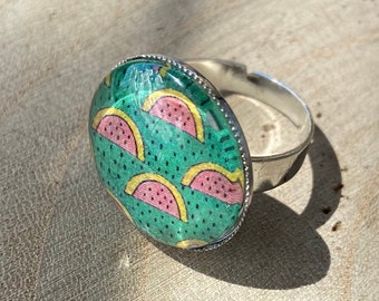 Watermelon adjustable ring on a green background, gift for her, Mother's Day