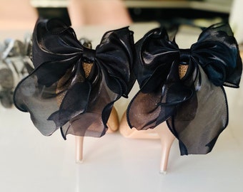 Statement Black Chiffon Bow with tails Shoe Clips