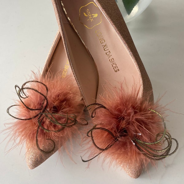 Statement Brown Fluffy Feather Pom Pom Shoe Clips