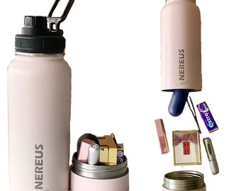 Botella de agua térmica rosa o negra con compartimento oculto de acero inoxidable de 900 ml que mantiene las bebidas calientes o frías. Guarde sus objetos de valor o refrigerios.