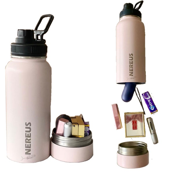 Water Bottle with HIDDEN / SECRET screw off compartment, thermal lined - keeps drinks hot or cold, Stash your valuables or snacks away.