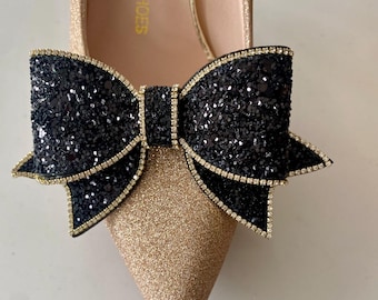 Black, Gold or Silver Glitter Sparkle Bows with Crystal Trimming Shoe Clips