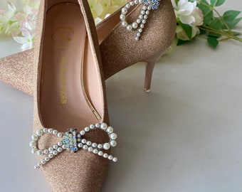 Pearl Bow & Rhinestone Crystal Cluster Shoe, Shoe Clips silver setting Wedding Bridal