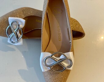 White Satin Bow with Silver Buckle Shoe Clips