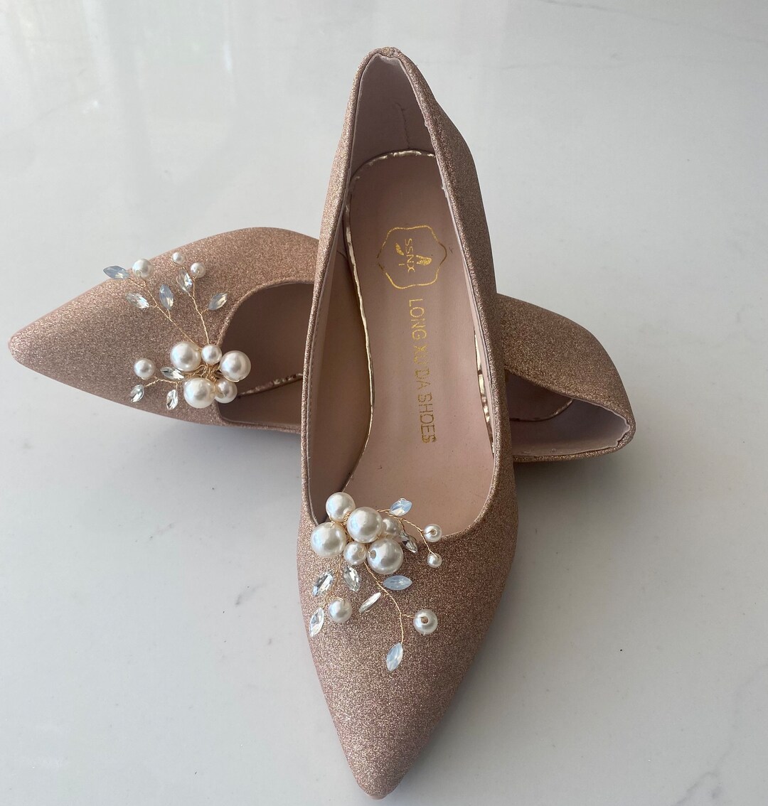 Pearl and Crystal Leaves Shoe Clips Gold Setting Wedding Bridal Shoe