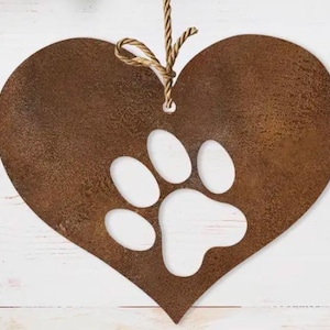 Hanging Rustic Metal Dog  Pawprint Plaque with string for indoors or outdoors  - makes a lovely gift
