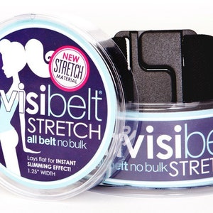May include: A black stretch belt in a clear plastic container with a label that reads "invisibelt STRETCH all belt no bulk" and "NEW STRETCH MATERIAL". The label also includes a drawing of a woman wearing the belt and the text "Lays flat for INSTANT SLIMMING EFFECT! 1.25" WIDTH".