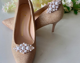 Crystal & Pearl Cluster Shoe Clips Gold setting Wedding Bridal Shoe Clips