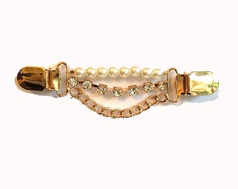 ClassiClip Cardigan Clips Pearls, Rhinestones and Gold Chains