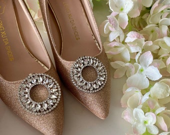 Crystal Circle Buckle Shoe, Shoe Clips silver setting Wedding Bridal