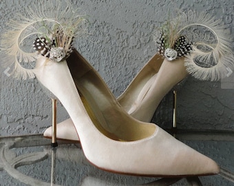 Bridal Shoe Clips: Ivory Feather, Polka Dot & Crystal - Silver Setting