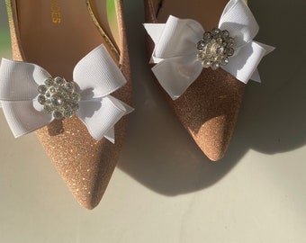 White Bow and Crystal Shoe Clips