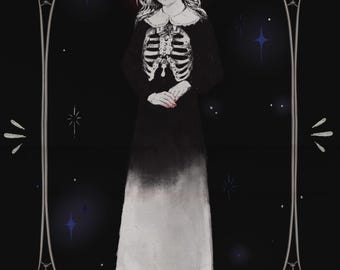 May include: Illustration of a woman in a black dress with a skeleton design on the chest, framed by an ornate silver border. The background is black with stars and a red halo. The banner at the bottom reads "THE PUNISHER".