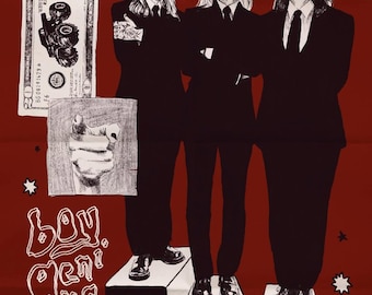 May include: Illustration featuring three figures in black suits standing on white blocks against a red background. A twenty-dollar bill and sketches of a hand and a tooth are also present. The text "boy genius" is written in a stylized font.