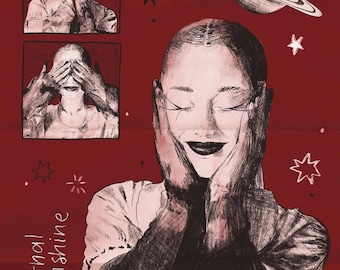 May include: Illustration with a red background featuring a smiling person with hands on their face, and two smaller images of a person covering their face. A planet and stars are also depicted. The words "eternal sunshine" are written in cursive.