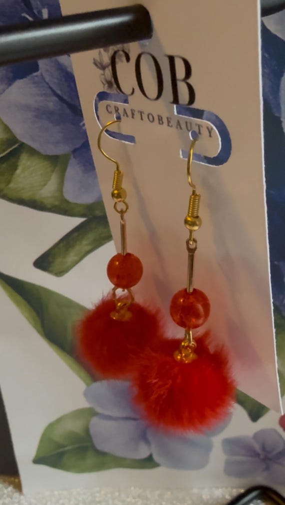 Cherry Red Pom Pom Earrings