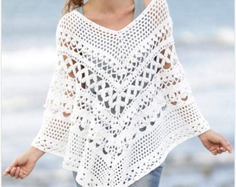 Gehaakte poncho Zomerponcho Kant gehaakte poncho Handgebreide poncho Witte poncho Boho poncho Strandponcho Mode DROPS