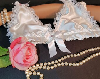 Sissy ivory satin fitted bra bralette white frilly ruffles satin pussy bow & bud