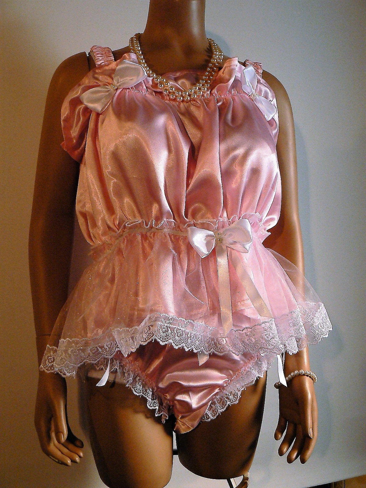 Sissy XL 2PC Pink Satin baby doll Shorty nighty & pantie play set sheer