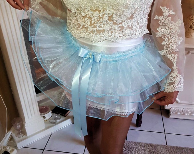 2 pce Set!!!  BabyBlue Organza layered shimmering full four rimmed SissyTutu  And high glossy pencil underskirt