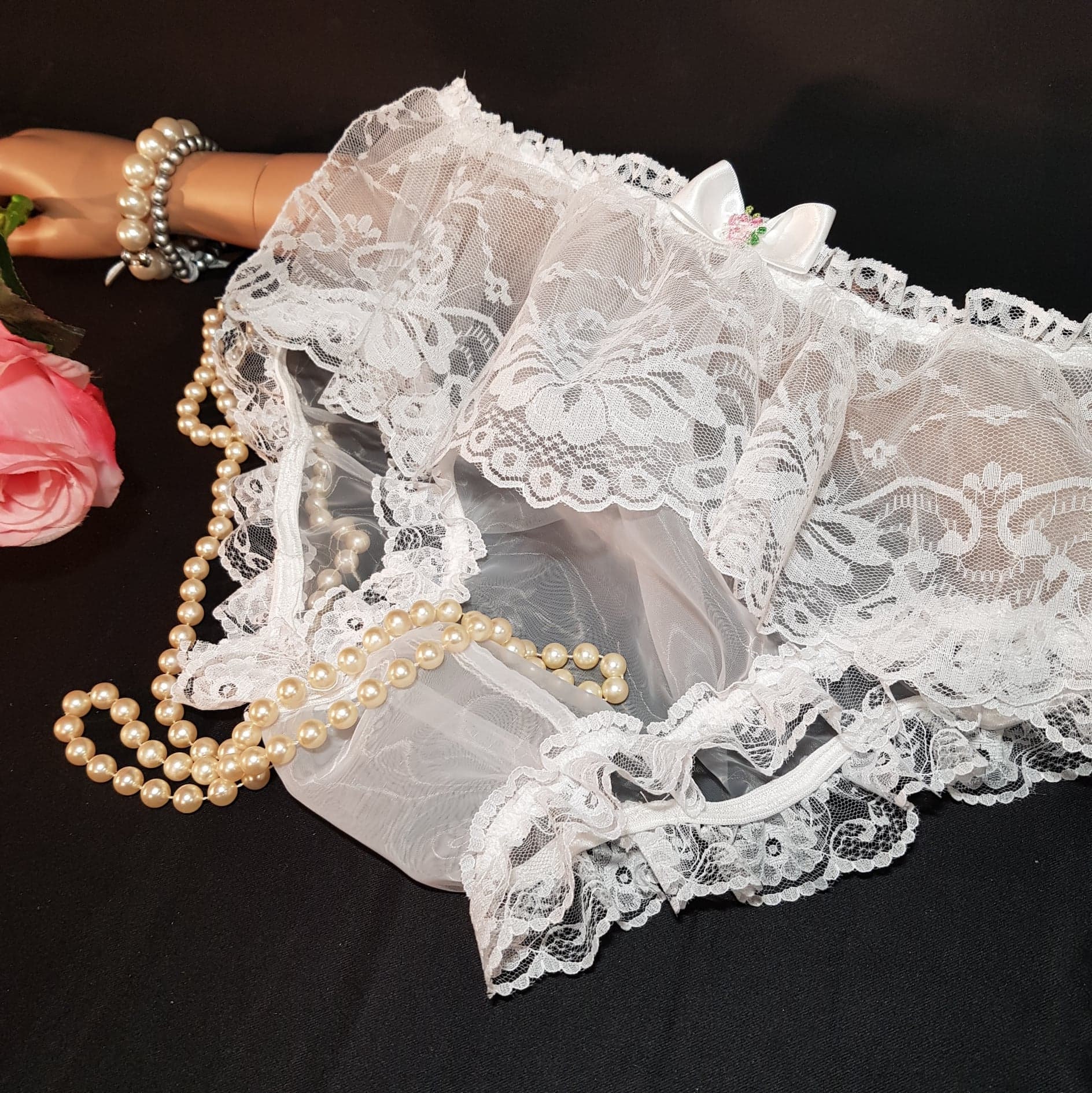 Bridal nylon panties knickers frilly lace flouce skater skirt rose & bows