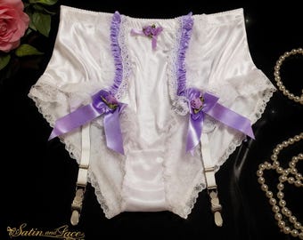 Luxury Satin Lace Garter Panties, Handmade Lingerie, Vintage Style Knickers, Soft Satin Bridal Lingerie, Feminine Elegant Underwear