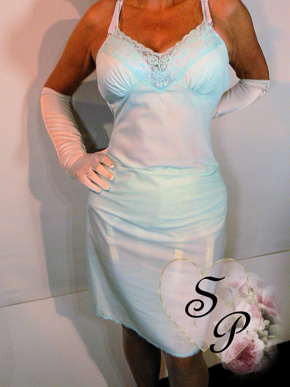 Stunning Vintage Ultra Femme Sheer Mintgreen Nylon Lacy Full Slip